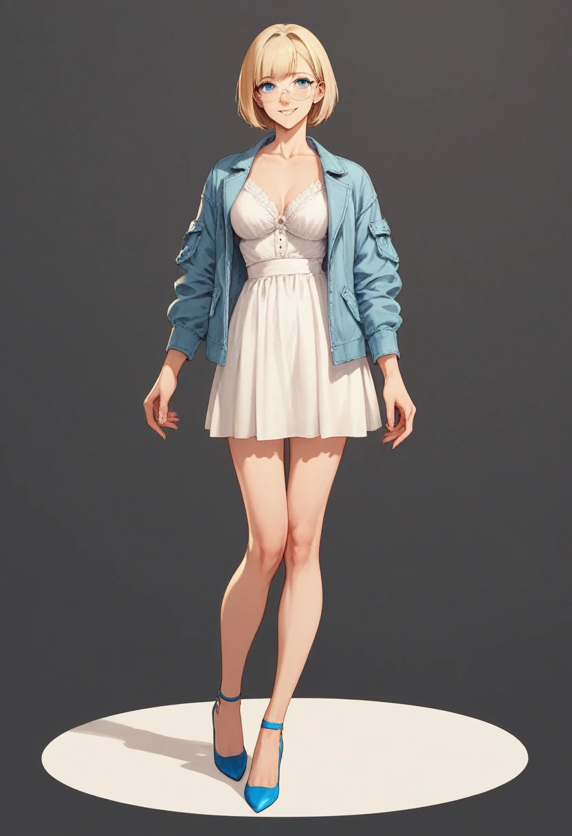 beautiful woman, solo, full body, standing, medium bob cut blonde hair, light blue eyes, two points glasses, medium breasts, blue opened short jacket, white blouse, white long pleats skirt, blue high heels, soft smile, perfect hands with 5 fingers, black background, no background