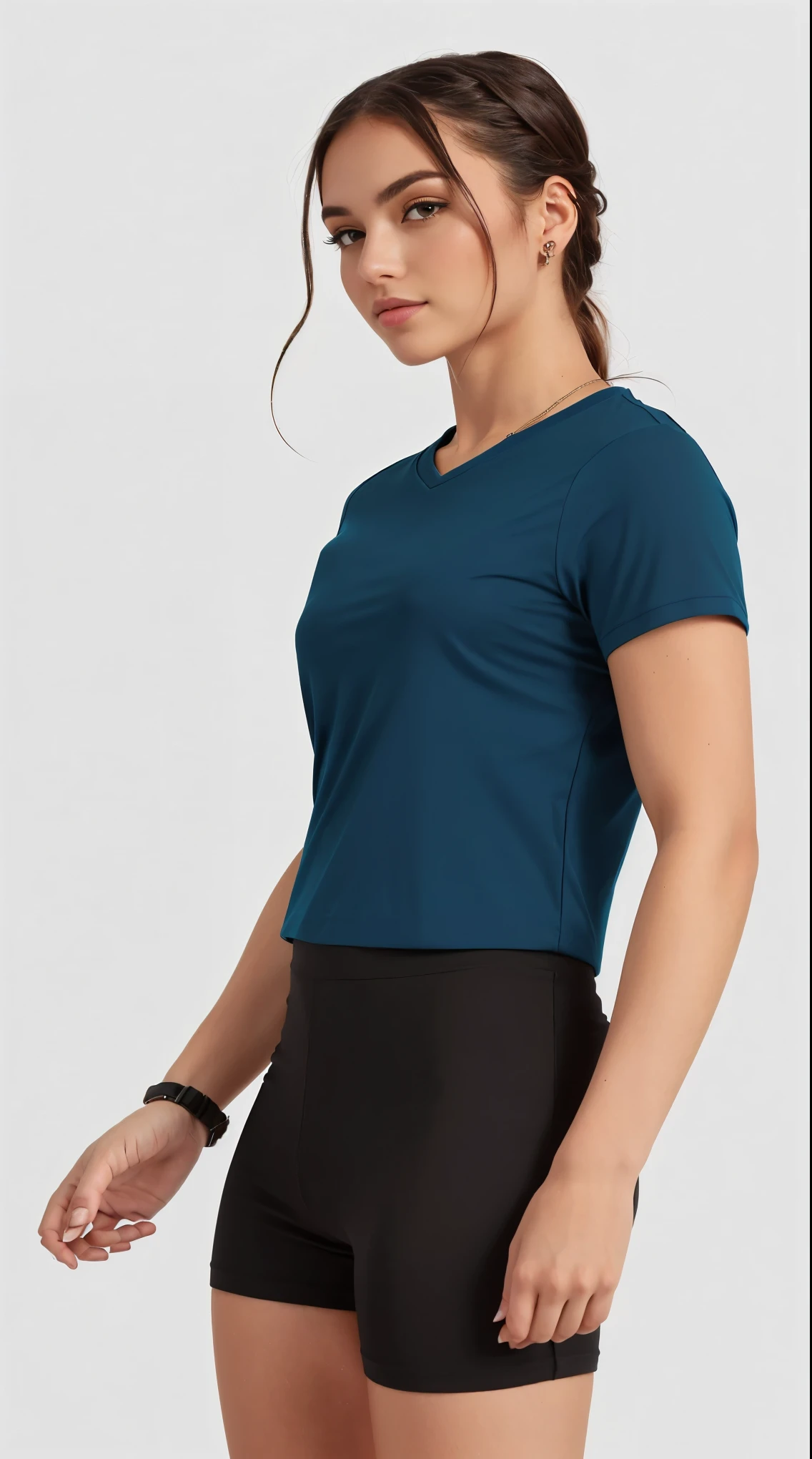 uma mulher de camisa azul e short preto posando para uma foto, camiseta azul apertada, com camiseta rasgada, vestindo um top cortados, roupas esportivas, vestindo um top cortado, Roupa casual, manga curta, in teal clothes, in a dark teal polo shirt, usando um top cropped sexy, usando top curto, corte superior