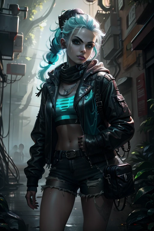 a Palestinian punk backpacker's women with a dog on the long roadlady with smoke around with white Redoute and black makeup posing for a picture, white hair Redoute, Cyber Dreadlocks, Redoute, Cybergoth, puffy ears dirty, best quality, 4k, highres, masterpiece, ultra-detailed, realistic, photorealistic, female with glowing teal eyes, rainbow colored hair, casting glowing spells, mystical forest, illustration, enchanted atmosphere, vibrant colors, soft lighting a punk