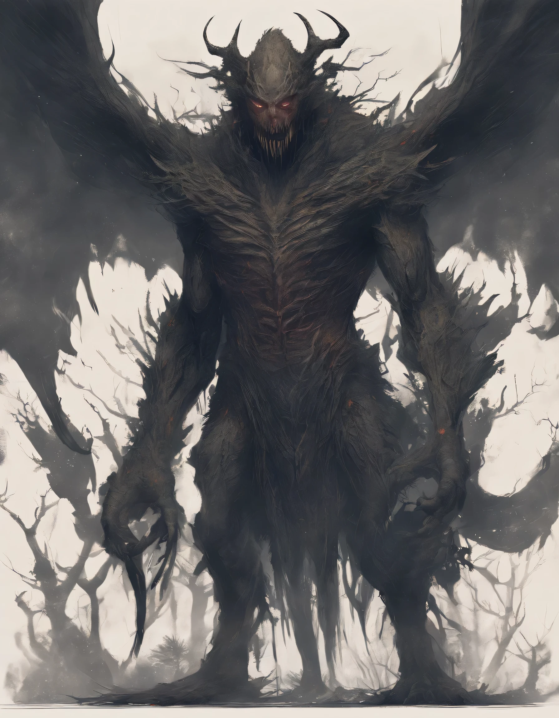 a humanoid dark color creature having a thornful body , eerie eyes , and sharp detail teeth , menacing look having a background of a dark eerie scary looking forest using high quality , high details in 32k resolution