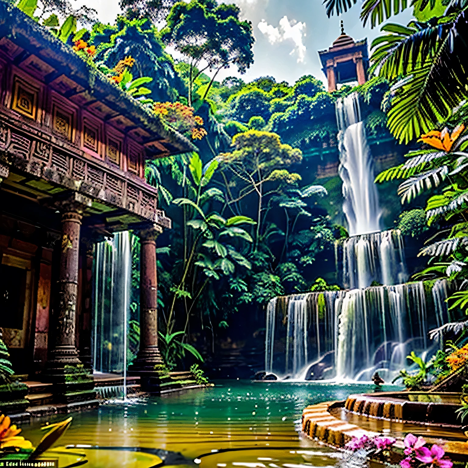 a lush, overgrown jungle, an ancient, long-abandoned Indian temple, towering in the background, surrounded by a rich, vibrant flora of green, pink, yellow and orange hues, a majestic white tiger drinking from a small pool of water with a cascading waterfall in the foreground