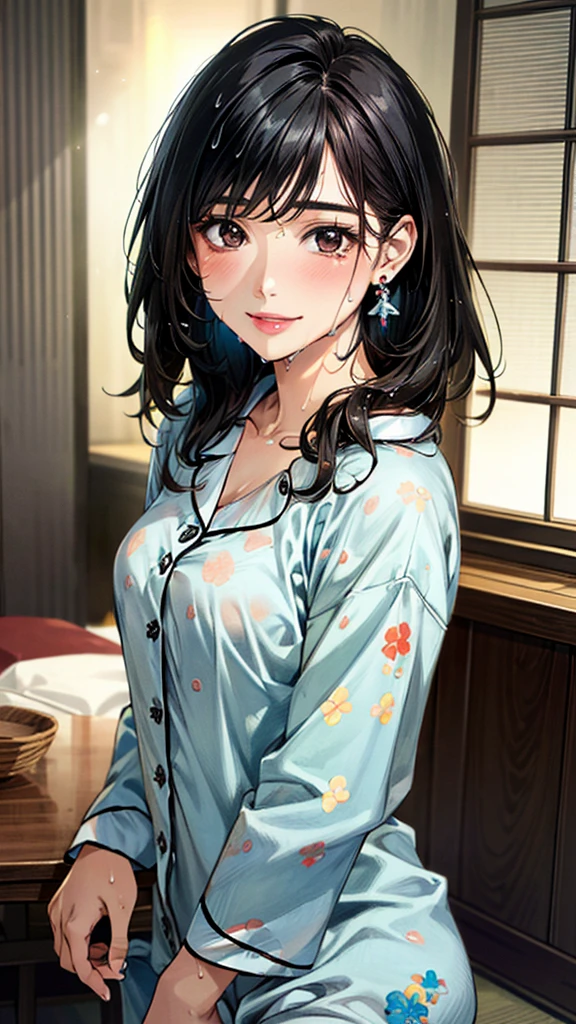 (masterpiece:1.3, Highest quality, Ultra-high resolution, Super detailed), (Realistic, photoRealistic:1.4), Beautiful illustrations, Perfect lighting, colorful, Depth of written boundary,
Beautiful detailed hair, Beautifully detailed face, Beautiful fine details, Beautiful clavicle, Beautiful body, 美しいLarge Breasts, Beautiful thighs, Beautiful feet, Beautiful fingers,
View Viewer、Front view:0.6, 1 girl, Japanese, Female college student, Perfect Face, (Perfect Anatomy, Anatomically correct), Cute and symmetrical face, Baby Face, , Shiny skin,
((pajamas:1.4))
(Black Hair, Medium Hair、Wet hair:1.4), Dark brown eyes, (Large Breasts), thin,
necklace, (Small earrings:1.3),
(Beautiful views), living room, table, Japanese cushion, A soft smile、(Smile, Lips parted),