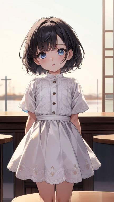 a little lovely kid girl。Dressed in white。Keep your eyes open。Looking at you curiously