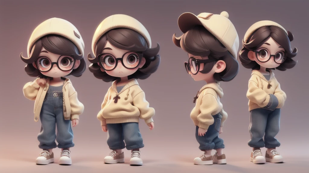 Girl chibi with a cream white pullover, jean pant, dark brown eyes, glasses, short curved hair, Doing some emotion. Clear Background