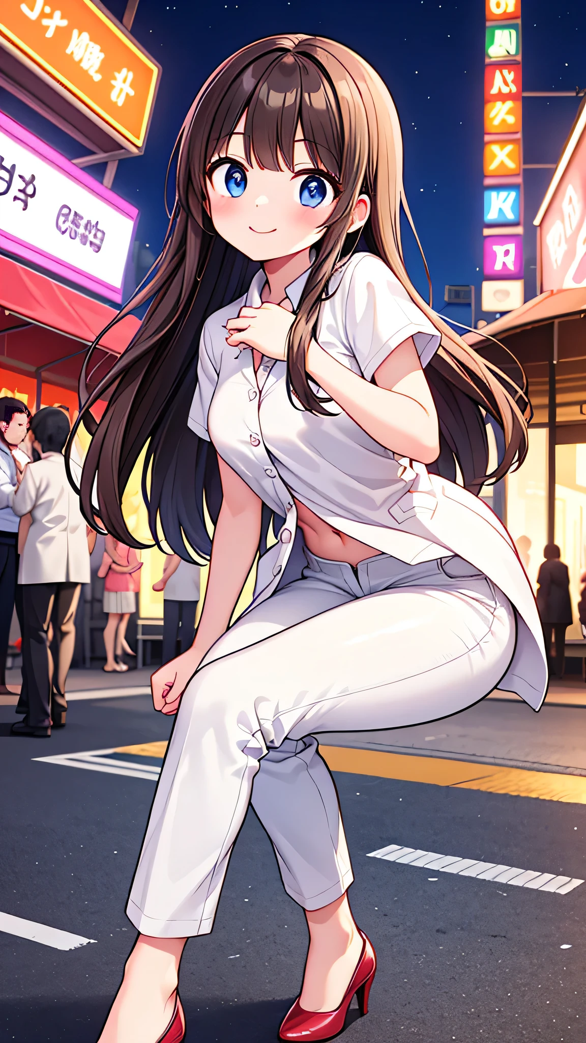 {Highest quality], [Super beautiful], [Ultra fine], [Best illustration], NSFW,Brown Hair, Hime cut, Long Hair, With bangs, girl,In a suit,OL,White shirt,Pants-type trousers,Short sleeve,smile, blush, Slender women, Adult women,Strike a Pose,(Public),Night Park,Summer festival,diagonal, Bare feet and pumps, Plain black pumps