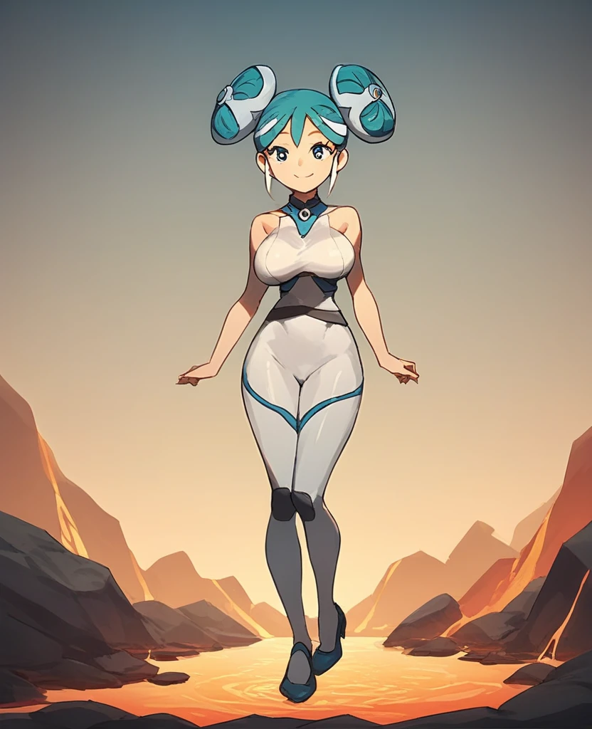 best quality,ultra detailed,solo,1girl,score_9, score_8_up, score_7_up, score_6_up, score_5_up, score_4_up, source_anime, maquia, two-tone hair, aqua hair, aqua eyes, white bodysuit, smile,large breasts,(front view,portrait),full body, standing on lava,heavenly ass, heavenly breasts, big ass, no shoes, wearing heels, long legs,