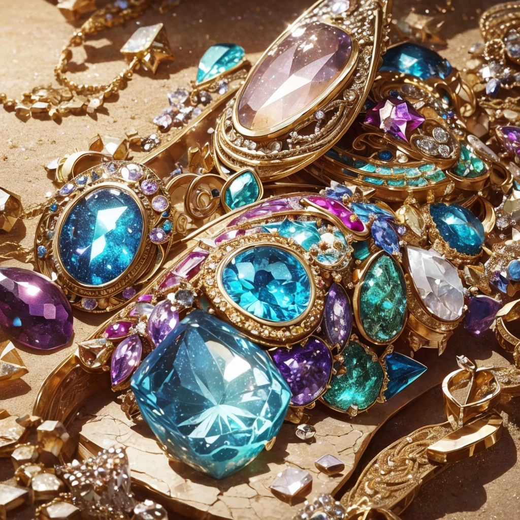 super fine illustration, top quality, gems and stones, mixed together, sparkling jewels, rough rocks, detailed textures, vibrant colors, contrasting elements, scattered arrangement, natural setting, realistic style, intricate details, harmonious composition, elegant contrasts, light reflections, subtle shadows