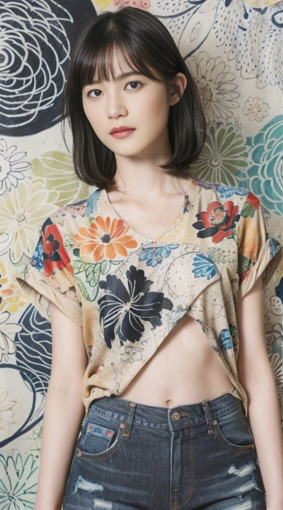 (Black Shorthair:1.2), (a 20 yo woman), (A hyper-realistic), (Masterpiece), (8KUHD), Looking at the camera, Slender waist, Wearing jeans, ((Floral Clothing - T-Shirts)), large full breasts, abstract painting, (doodle:1.46)
