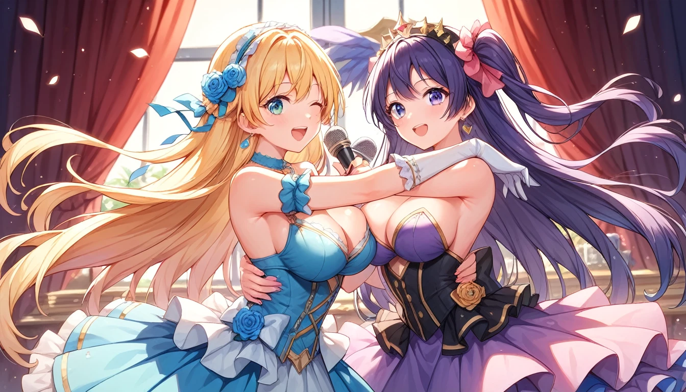 two girls singing a duet, ((2girls:1.3)), ((moe style:1.3)), ((idol outfit:1.3)), microphone, dancing, singing, cuddling, ((large breasts:1.3)), ((centerfold:1.3)), ((extremely feminine:1.3)), perfect hands, ((perfect face)), ((extremely cute:1.3)), ((masterpiece)), ((8k)), ((best quality)), ((beautiful)), ((extremely detailed:1.3)) , ((absurdres)), AddXL, ((score_9:1.3)), ((score_8_up:1.3)), ((score_7_up:1.3)),