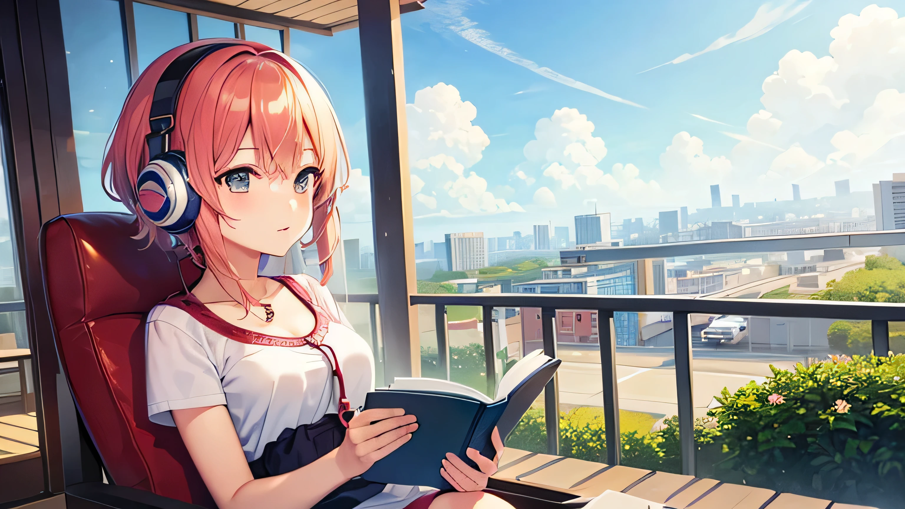 ChilloutArtwork that matches the music、Anime Style、girl with headphones、Reading a book
