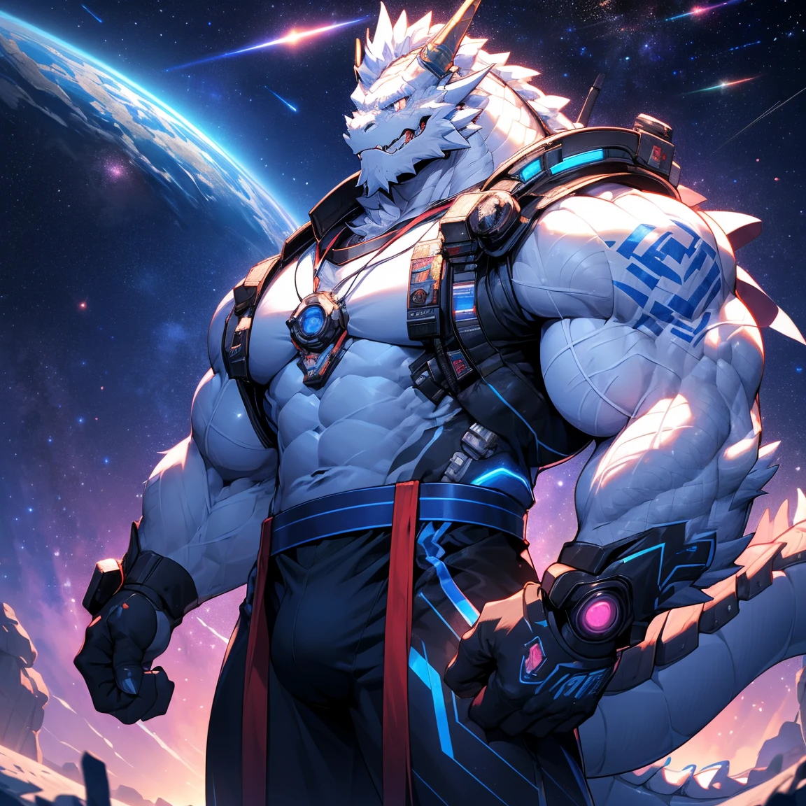 Muscular White Dragon, Pectoralis major, (Balapechi: 1.3), White Dragon,White beard,Heavyweight, Fitness, Wearing cyberpunk mechs, skirt, (Crotch bulge: 1.1), View of the Milky Way from a spacecraft, In the Universe, Big smile emoji, Shiny skin, Vibrant colors, 4k, realism, cool lights