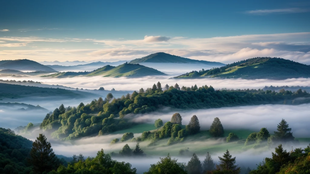 wonderfull landsape with hills and dreaming forest under fog 