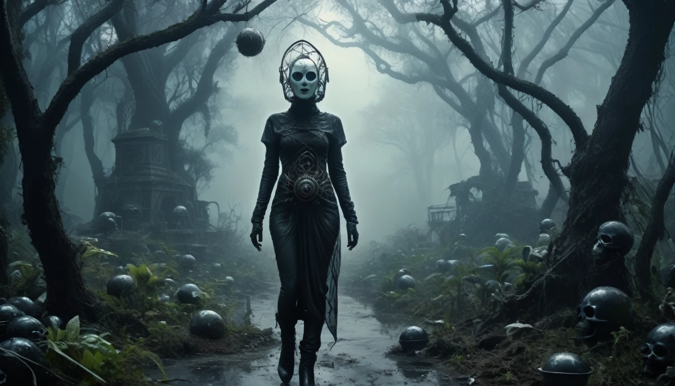 steampunk fantasy, young plant witch made of dead plants huntering, black and white color mechanical clockwork Spaceship under sea, ominous landscapes,a small floating mkitdecy-planet in concrete and rusted metal struts that looks like a see-mine, low-key, glowing, cinematic,ruined,ruined theme,lots of dust,amazon,full body length,maybe pretty face,full body length, eerie atmosphere, ethereal presence, swirling mists, supernatural entities, demonic essence, shadowy forms, dark and twisted branches, macabre elements, otherworldly beauty, ethereal glow, eerie and ominous lighting,Ethereal otherworldly charm,Complicated details,Exquisite features,Surreal atmosphere,captivating creation,After the war,Maritime bazar of science and technology,like Stone Forest in Yunnan Province of Zambia,Simon Stalenhag,Nicola Samori,Wangechi Mutu,intricate details,realism,realistic,extremely detailed,masterpiece,intricate details,eyes extremely detailed, high detailed eyes,32k resolution, Nikon Z9