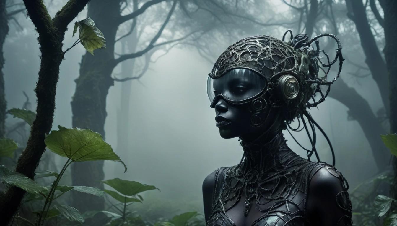 abandoned young niobium glass junkie's mummy made of dead crystal plants, foggy Louisiana Eden garden, radioactive atmosphere,charcoal mechanical clockwork , steampunk dark horror fantasy, ominous fairyland,large number of stars fly towards the viewer,ruined theme,lots of toxic dust,amazon,full body length shot,once pretty face,full body length, eerie atmosphere, ethereal presence, toxic mists, supernatural entities, sinister aura, dark and twisted branches, macabre elements, eerie and ominous lighting,Complicated detail,captivating creation,intricate details,extremely detailed,masterpiece,intricate details,eyes extremely detailed, high detailed eyes,32k resolution, Nikon Z9,like Stone Forest in Yunnan Province of China,Simon Stalenhag,Nicola Samori,Wangechi Mutu, horror movie, cinematic look, creepy aesthetic, ultra detailed, photorealistic, masterpiece,(professional 3d render:1.3),junkie,matte black and (pink:0.4), organic outfit with a curved mask and a glass dome visor, fashionable alien junkie, vespertine, futuristic clothing and glass, movie stile, avante garde design stylings inspired by white and black squares and curves(Intricate:1.4), decadent