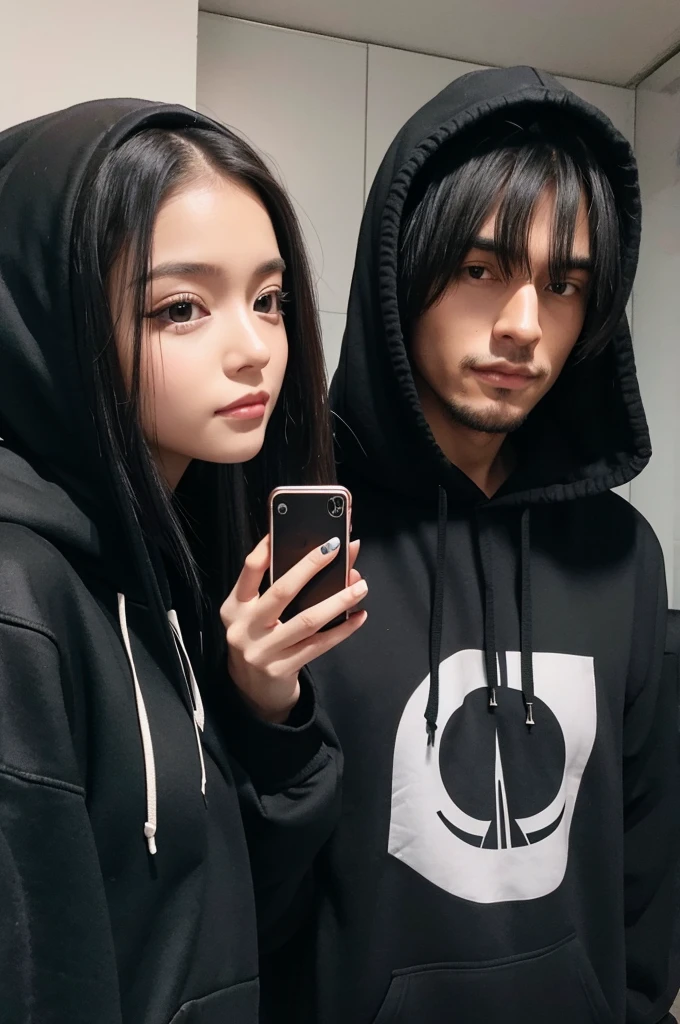 A girl with long black hair and a black hoodie takes a selfie with her tall boyfriend