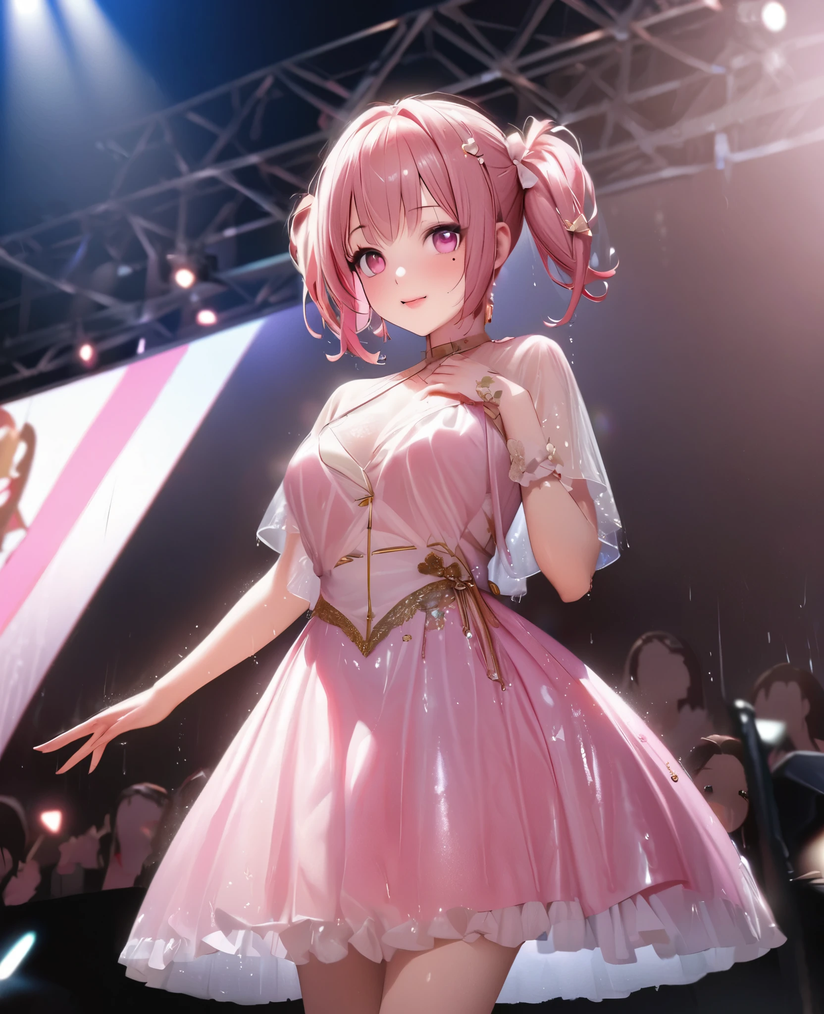 One Girl、Looking at the audience、lovely,
Beautiful pink eyes、short twin tail hair , Mole under the eye、Plump and glossy lips、Heart-shaped choca、Idol、Her name is Rico,smile、ー、。.。.。.。.。.。.。.。.。.。.。.。.。.。.。.。.。.。.3D、Realistic、
The idol's costume was soaked in the heavy rain, and her chest was wet and transparent.Heavy rain at outdoor concert, Drape clothes、gem、The decoration has been removed、Floral、Lace trim,On a glittering stage、
masterpiece、highest quality、8k、Detailed skin texture、Detailed cloth texture、Beautifully detailed face、Intricate details、Very detailed、
超A high resolution、8k Ultra HD、Film Grain、Best Shadow、delicate、Gazing at the audience、front