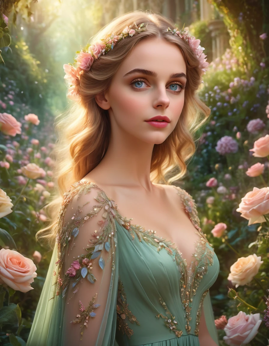 a girl walking among many woman, 1girl, beautiful detailed eyes, beautiful detailed lips, extremely detailed eyes and face, long eyelashes, elegant dress, graceful pose, soft lighting, muted color palette, cinematic composition, dramatic lighting, ethereal atmosphere, fantasy landscape, lush vegetation, floating flowers, dreamlike, whimsical, magical realism, many 40 year old woman around her (best quality,4k,8k,highres,masterpiece:1.2),ultra-detailed,(realistic,photorealistic,photo-realistic:1.37)