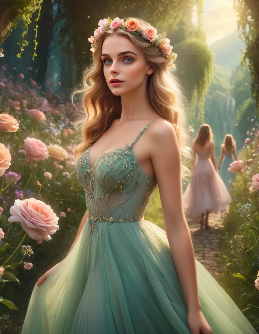 a girl walking among many woman, 1girl, beautiful detailed eyes, beautiful detailed lips, extremely detailed eyes and face, long eyelashes, elegant dress, graceful pose, soft lighting, muted color palette, cinematic composition, dramatic lighting, ethereal atmosphere, fantasy landscape, lush vegetation, floating flowers, dreamlike, whimsical, magical realism, many 40 year old woman around her (best quality,4k,8k,highres,masterpiece:1.2),ultra-detailed,(realistic,photorealistic,photo-realistic:1.37)