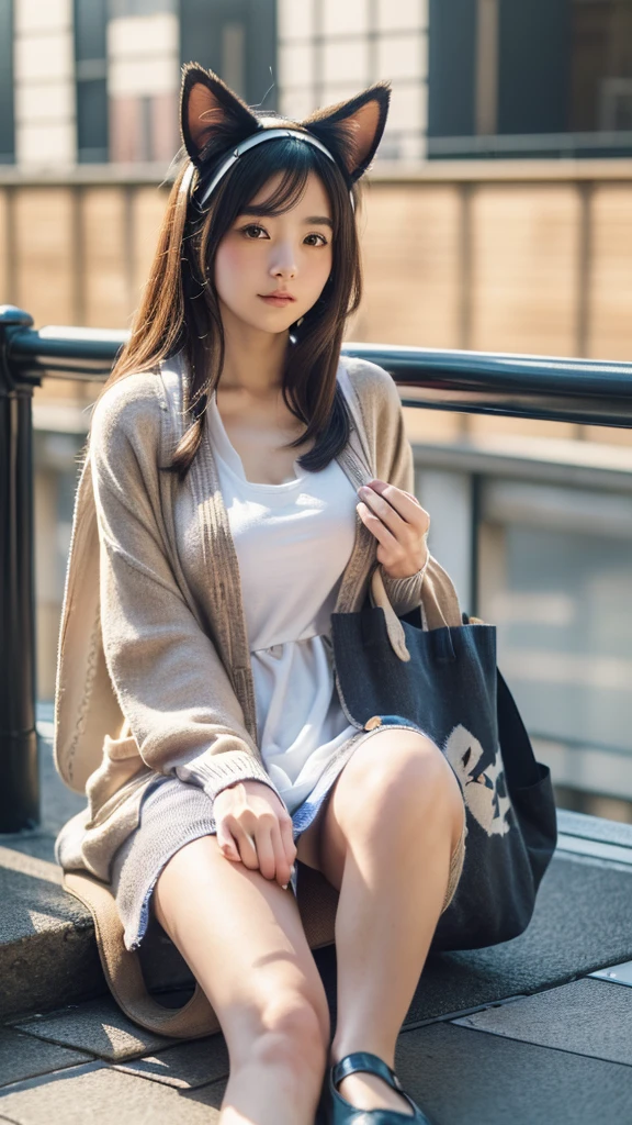 Masterpiece, 4k, Bokeh, beautiful face, (Japanese idle:1.6), (Long cardigan with a t-shirt dress and flats, Casual weekend background, Canvas tote bag:1.4), (Cat ears:1.3), Sitting on From below, (London:1.5)