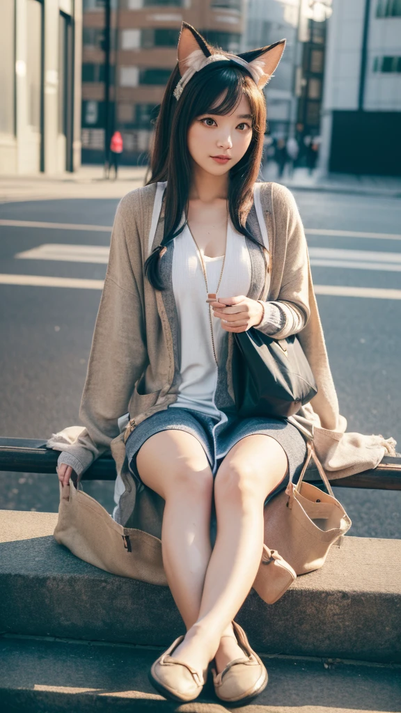 Masterpiece, 4k, Bokeh, beautiful face, (Japanese idle:1.6), (Long cardigan with a t-shirt dress and flats, Casual weekend background,  Canvas tote bag:1.4), (Cat ears:1.3), Sitting on From below, (London:1.5)