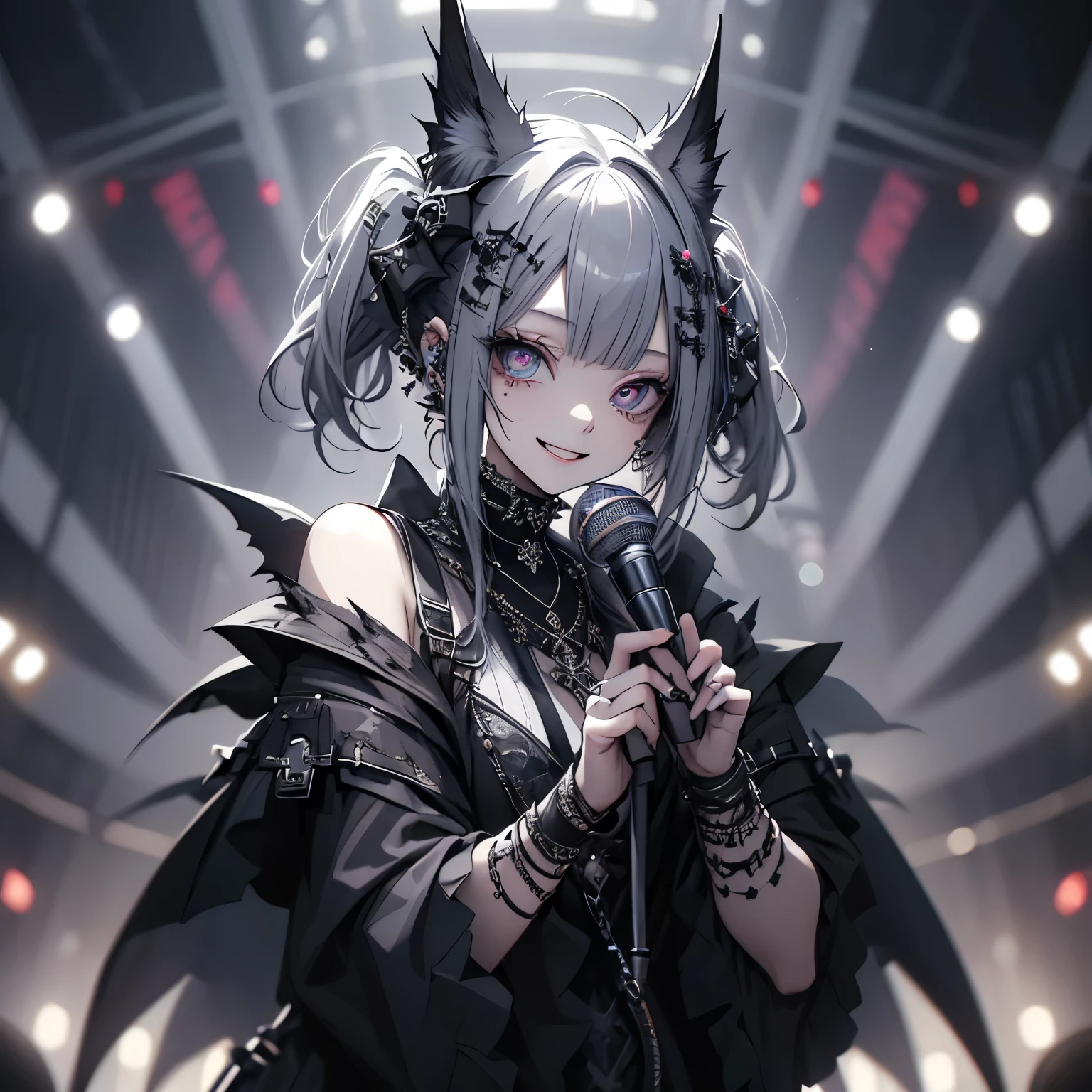 (masterpiece), Highest quality, Ultra-high resolution,Gothic、Silver Hair、Black Hair、Big smile、Bat、smile、cool、band、live、Visual Kei、Sick Makeup、(Sing with a microphone:1.3)