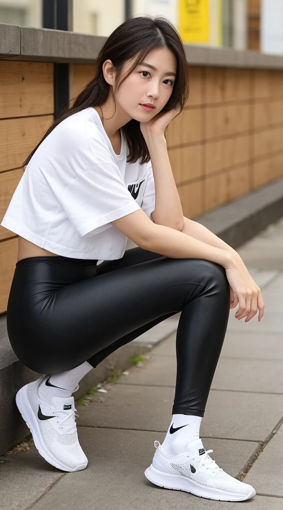 White short Nike socks with Black leggings, White ショートsocks with the Nike logo