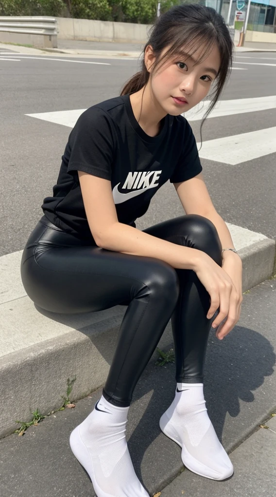 White short Nike socks with Black leggings, White ショートsocks with the Nike logo