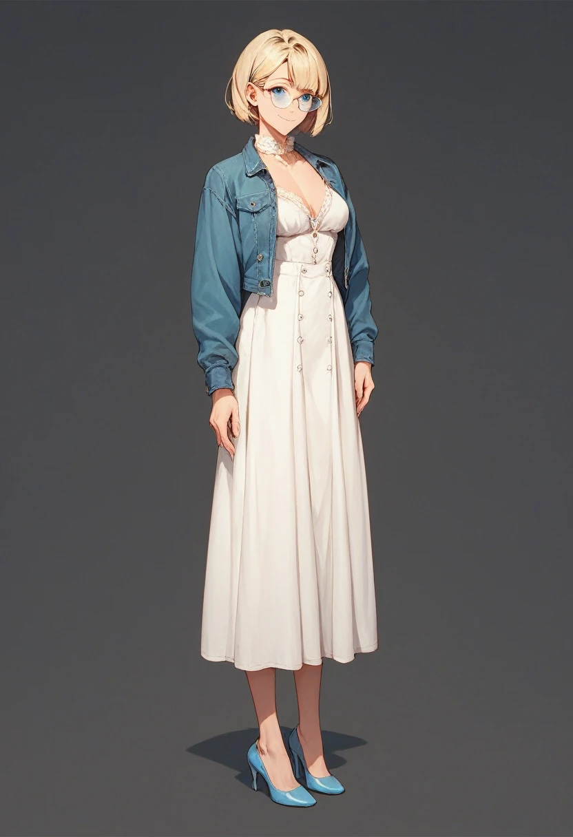 beautiful woman, solo, full body, standing, medium bob cut blonde hair, light blue eyes, two points glasses, medium breasts, blue opened short jacket, white blouse, white long pleats skirt, blue high heels, soft smile, black background, no background