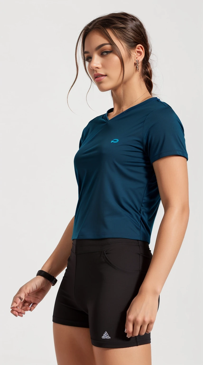 uma mulher de camisa azul e short preto posando para uma foto, camiseta azul apertada, com camiseta rasgada, vestindo um top cortados, roupas esportivas, vestindo um top cortado, Roupa casual, manga curta, in teal clothes, in a dark teal polo shirt, usando um top cropped sexy, usando top curto, corte superior