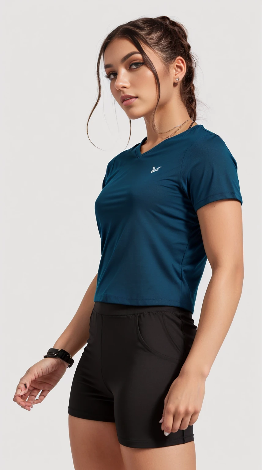 uma mulher de camisa azul e short preto posando para uma foto, camiseta azul apertada, com camiseta rasgada, vestindo um top cortados, roupas esportivas, vestindo um top cortado, Roupa casual, manga curta, in teal clothes, in a dark teal polo shirt, usando um top cropped sexy, usando top curto, corte superior