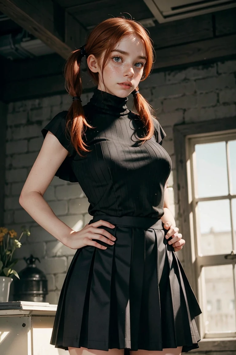 1girl, ginger, freckled face, face freckles, rosy, contemptuous look, 1 girl, solo, pigtails haircut,pale skin, (((huge bust))), stand sexy pose, beautiful, ((pleated skirt)), ((black turtleneck)), cold palette
