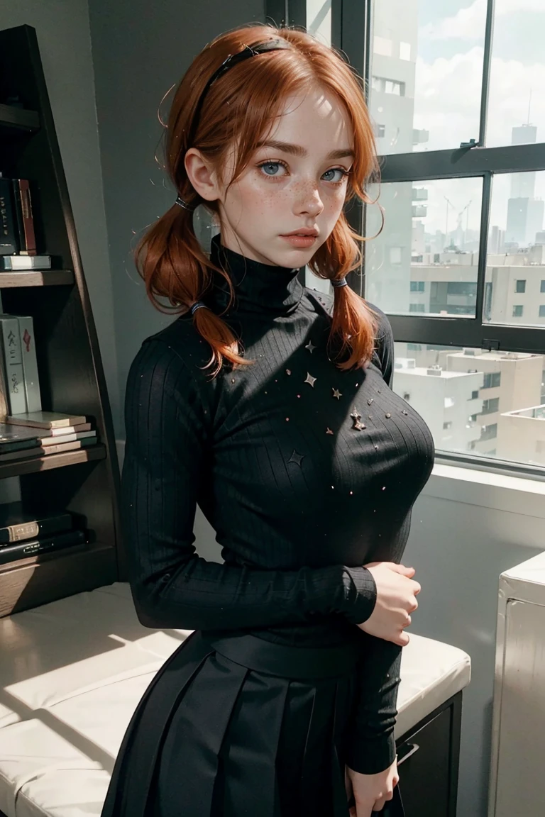 1girl, ginger, freckled face, face freckles, rosy, contemptuous look, 1 girl, solo, pigtails haircut,pale skin, (((huge bust))), stand sexy pose, beautiful, ((pleated skirt)), ((black turtleneck)), cold palette
