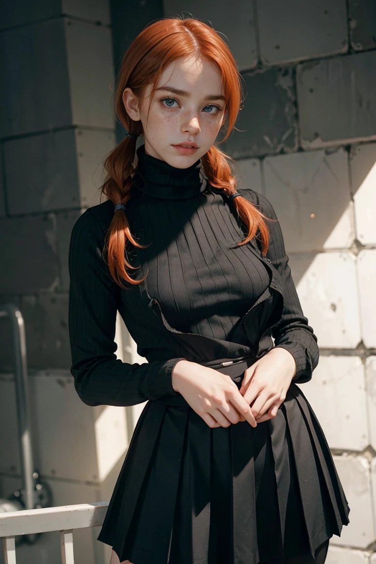 1girl, ginger, freckled face, face freckles, rosy, contemptuous look, 1 girl, solo, pigtails haircut,pale skin, (((huge bust))), stand sexy pose, beautiful, ((pleated skirt)), ((black turtleneck)), cold palette