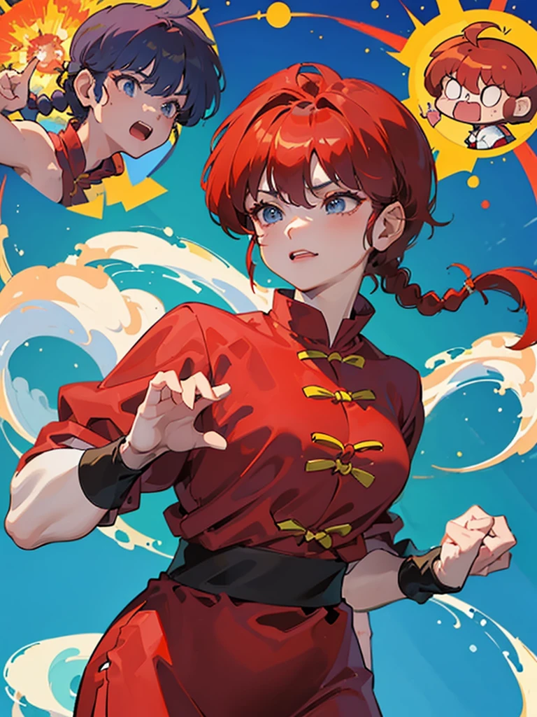 ((masterpiece:1.4)), expensive quality, very_expensive_solve, big_file size, Full Color, Thick outline, Clear contours, colorful, (Beautiful fine details, Are thin:1.4), ((Beautiful Face:1.0)), ((Boyish face:1.4)), 1 girl, (Ranma), (Redhead), short hair, (Braided Ponytail), ((bangs)), bumpy bangs, Blue-gray eyes, Big Breasts, Curvy, Ranma, Braided Ponytail, (Red Chinese Clothing), No sleeve, Tangzhuang, Black trousers, Are standing, ((, Are thin:1.4)), ((from the front:1.4)), Are thin:1.4
