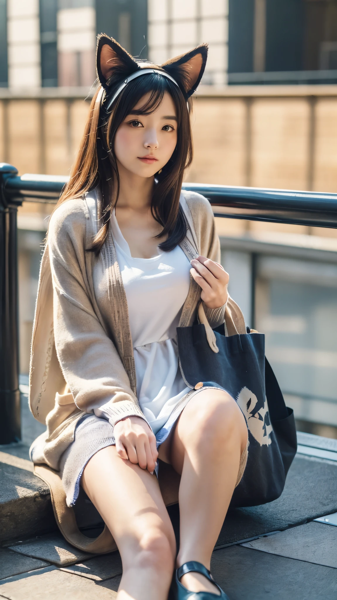 Masterpiece, 4k, Bokeh, beautiful face, (Japanese idle:1.6), (Long cardigan with a t-shirt dress and flats, Casual weekend background, Canvas tote bag:1.4), (Cat ears:1.3), Sitting on From below, (London:1.5)