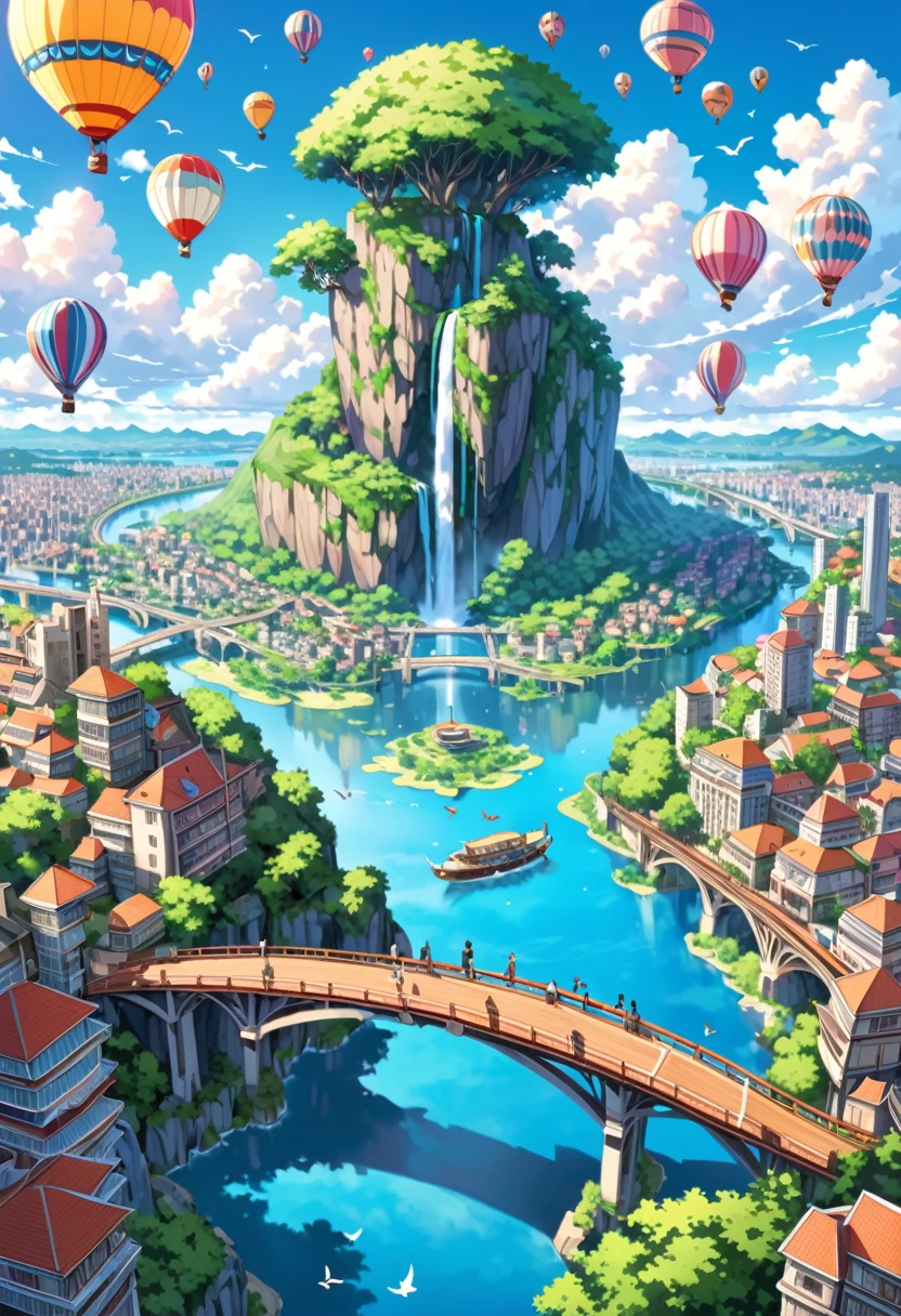 (highest quality, 4k, 8k, high resolution, masterpiece:1.2), ultra-detailed, (realistic, photo-realistic, photo-realistic:1.37),
anime style, vibrant colors, crisp, eye-catching,
illustration of a city in the sky. The city should be built on floating islands connected by bridges, featuring buildings that range from modern skyscrapers to whimsical, fantasy-inspired architecture. Include lush greenery and waterfalls cascading from the islands into the clouds below. The sky should be clear blue with fluffy white clouds surrounding the city. Add colorful hot air balloons floating in the sky, people walking across the bridges, airships docked at platforms, and birds flying around. The overall atmosphere should be bright, serene, and magical, capturing the vibrancy and wonder of an aerial cityscape.
iconic expressions, textured background, commercial, digital display, attention-grabbing, lively