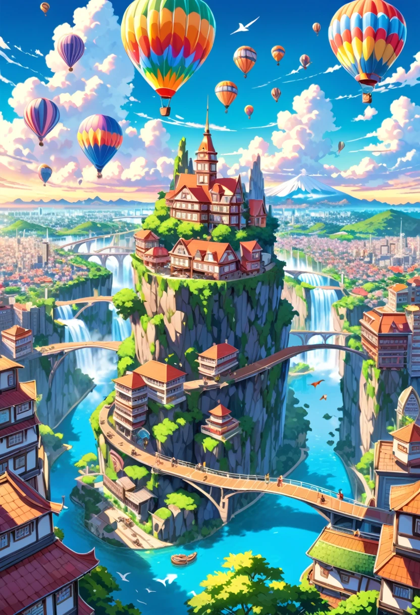(highest quality, 4k, 8k, high resolution, masterpiece:1.2), ultra-detailed, (realistic, photo-realistic, photo-realistic:1.37),
anime style, vibrant colors, crisp, eye-catching,
illustration of a city in the sky. The city should be built on floating islands connected by bridges, featuring buildings that range from modern skyscrapers to whimsical, fantasy-inspired architecture. Include lush greenery and waterfalls cascading from the islands into the clouds below. The sky should be clear blue with fluffy white clouds surrounding the city. Add colorful hot air balloons floating in the sky, people walking across the bridges, airships docked at platforms, and birds flying around. The overall atmosphere should be bright, serene, and magical, capturing the vibrancy and wonder of an aerial cityscape.
iconic expressions, textured background, commercial, digital display, attention-grabbing, lively