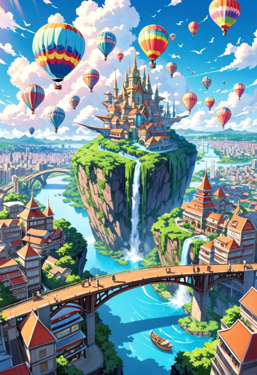 (highest quality, 4k, 8k, high resolution, masterpiece:1.2), ultra-detailed, (realistic, photo-realistic, photo-realistic:1.37),
anime style, vibrant colors, crisp, eye-catching,
illustration of a city in the sky. The city should be built on floating islands connected by bridges, featuring buildings that range from modern skyscrapers to whimsical, fantasy-inspired architecture. Include lush greenery and waterfalls cascading from the islands into the clouds below. The sky should be clear blue with fluffy white clouds surrounding the city. Add colorful hot air balloons floating in the sky, people walking across the bridges, airships docked at platforms, and birds flying around. The overall atmosphere should be bright, serene, and magical, capturing the vibrancy and wonder of an aerial cityscape.
iconic expressions, textured background, commercial, digital display, attention-grabbing, lively