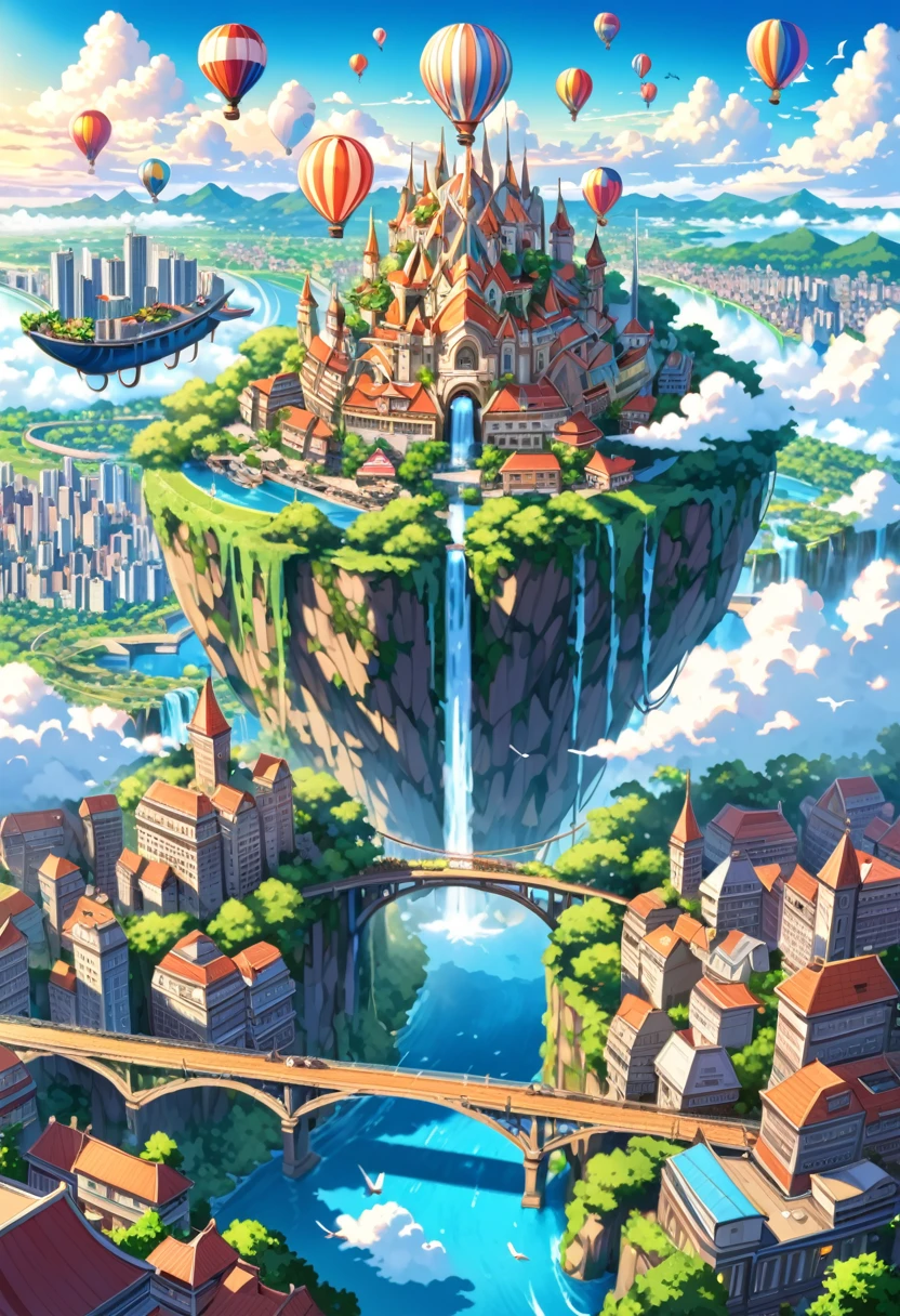 (highest quality, 4k, 8k, high resolution, masterpiece:1.2), ultra-detailed, (realistic, photo-realistic, photo-realistic:1.37),

anime style, vibrant colors, crisp, eye-catching, 

illustration of a city in the sky. The city should be built on floating islands connected by bridges, featuring buildings that range from modern skyscrapers to whimsical, fantasy-inspired architecture. Include lush greenery and waterfalls cascading from the islands into the clouds below. The sky should be clear blue with fluffy white clouds surrounding the city. Add colorful hot air balloons floating in the sky, people walking across the bridges, airships docked at platforms, and birds flying around. The overall atmosphere should be bright, serene, and magical, capturing the vibrancy and wonder of an aerial cityscape.

iconic expressions, textured background, commercial, digital display, attention-grabbing, lively
