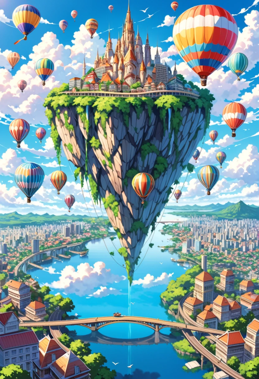 (highest quality, 4k, 8k, high resolution, masterpiece:1.2), ultra-detailed, (realistic, photo-realistic, photo-realistic:1.37),

anime style, vibrant colors, crisp, eye-catching, 

illustration of a city in the sky. The city should be built on floating islands connected by bridges, featuring buildings that range from modern skyscrapers to whimsical, fantasy-inspired architecture. Include lush greenery and waterfalls cascading from the islands into the clouds below. The sky should be clear blue with fluffy white clouds surrounding the city. Add colorful hot air balloons floating in the sky, people walking across the bridges, airships docked at platforms, and birds flying around. The overall atmosphere should be bright, serene, and magical, capturing the vibrancy and wonder of an aerial cityscape.

iconic expressions, textured background, commercial, digital display, attention-grabbing, lively
