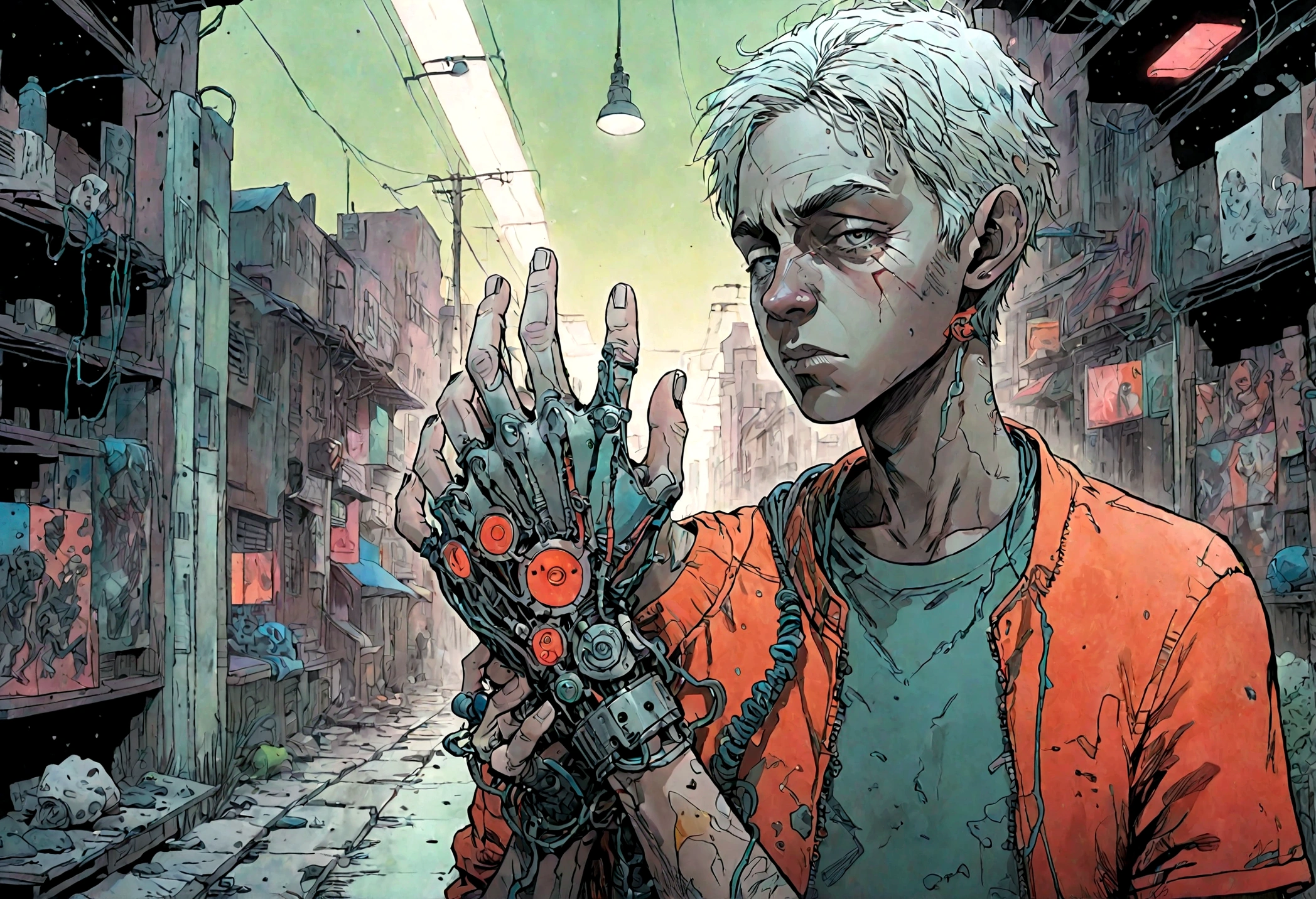 a boy with a mechanical right wrist, his body swelling and collapsing from intense fever, highly detailed, hyper-realistic, cinematic lighting, dramatic dystopian cyberpunk scene, dark moody atmosphere, ultra sharp focus, 8k, best quality