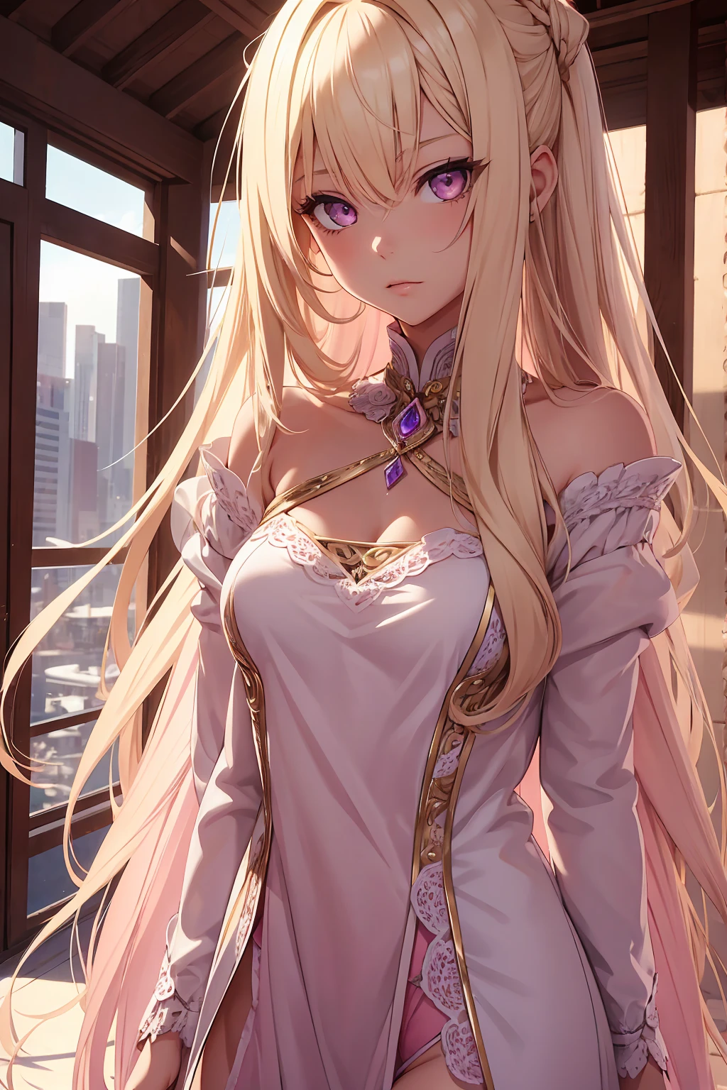 1 girl, blonde, long hair, pink eyes, high detail, Luxurious view, Indecency