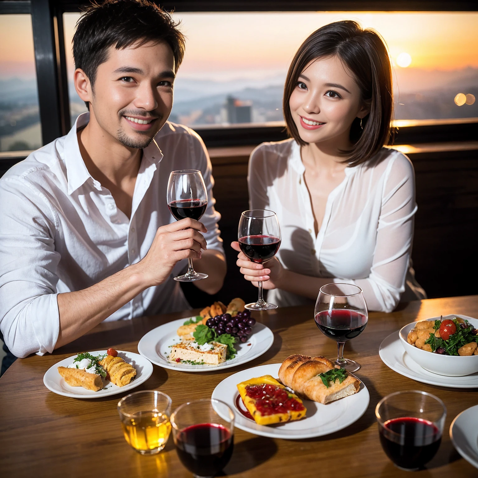 ((Highest quality、8k、masterpiece:1.3))、 (Genuineistic, Genuine、Bright image、Intricate details:1.2), Best smile 1 man 1 woman、Beautiful Couple、spouse、Couple、spouse、Beautiful Couple、Smile、A full-course dinner with a full table、テーブルにwine glass、 (Slim face), (The body is slim), (Brown Hair), (short hair), Please shine a light on my face、 Amazing view of the sunset sky and clouds、 (age 34), 38 years old, red wine 、Appetizers、Wine bottle、sparkling wine、Long sleeve shirt、dress、White wine, red wine, wine glass, 