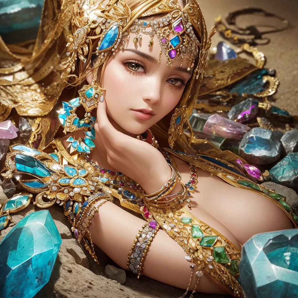 super fine illustration, top quality, gems and stones, mixed together, sparkling jewels, rough rocks, detailed textures, vibrant colors, contrasting elements, tered arrangement, natural setting, realistic style, intricate details, harmonious composition, elegant contrasts, light reflections, subtle shadows