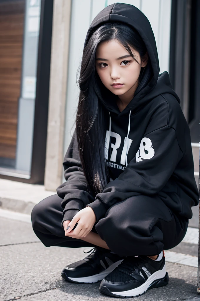 Girl with long black hair and black hoodie, black shoes