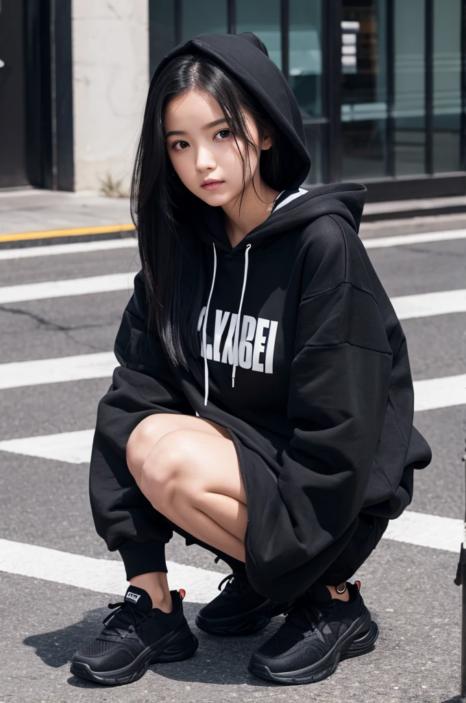 Girl with long black hair and black hoodie, black shoes