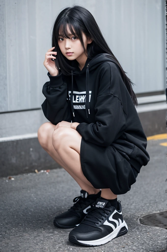 Girl with long black hair and black hoodie, black shoes