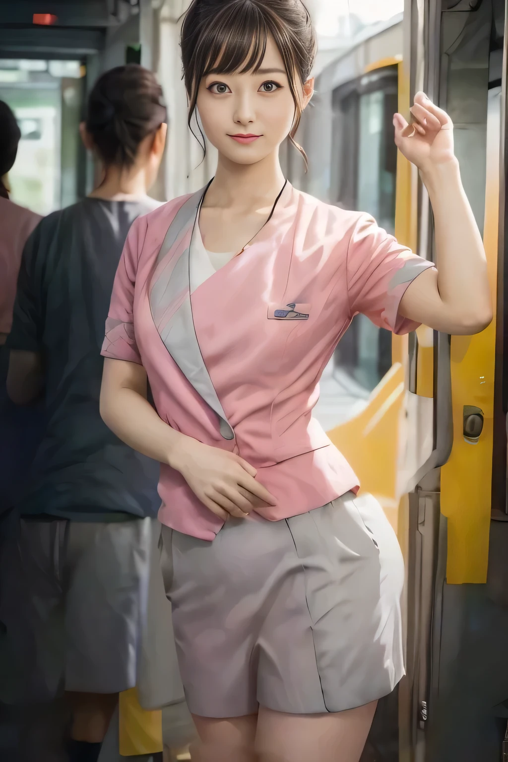 (masterpiece:1.2, Highest quality:1.2), 32K HDR, High resolution, (alone、1 girl)、(On the rooftop of a building in the daytime、Professional Lighting)、Building rooftop background、(Nankai train crew uniform pinkを着たリアルスタイル)、(Nankai train crew uniform pink short sleeve collarless pink jacket、Nankai Train Crew Uniform Pink Collarless Short Sleeve Blouse、Nankai Train Crew Uniform Pink Grey Knee-length Culottes)、((The bottom of the pink short-sleeved jacket cannot be tucked into the clay-colored culottes.))、Dark brown hair、(Hair tied up、Hair Bun、Hair Bun)、Dark brown hair、Long Shot、Big Breasts、Thin legs、((Great hands:2.0)),((Harmonious body proportions:1.5)),((Normal limbs:2.0)),((Normal finger:2.0)),((Delicate eyes:2.0)),((Normal eyes:2.0)))、(Nankai Train Crew Uniform Pink Grey Knee-length Culottesを見せた美しい立ち姿)、smile