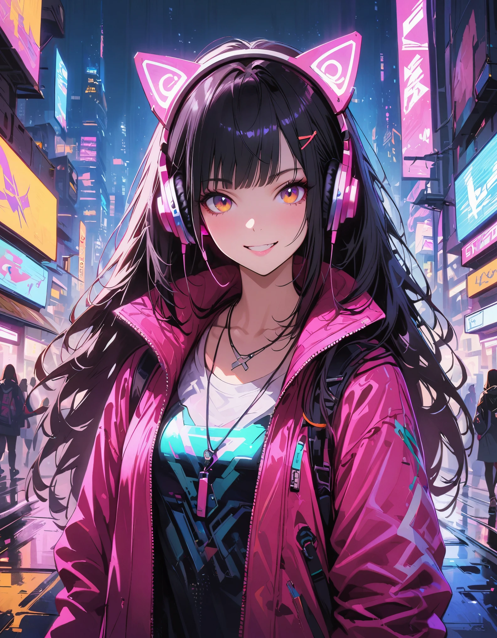 1girl,cyberpunk, Chinese girl, translucent，Wearing headphones，futuristic city, neon lights, high-tech, digital sky, large moon, flying cars, futuristic dress, glowing earphones, jewelry, necklace, long hair, transparent accessories, dynamic pose, smiling, facing camera, ultra-realistic, high-quality, 8K resolution, detailed, futuristic, modern fashion, traditional elements, glowing jewelry, cyberpunk fashion