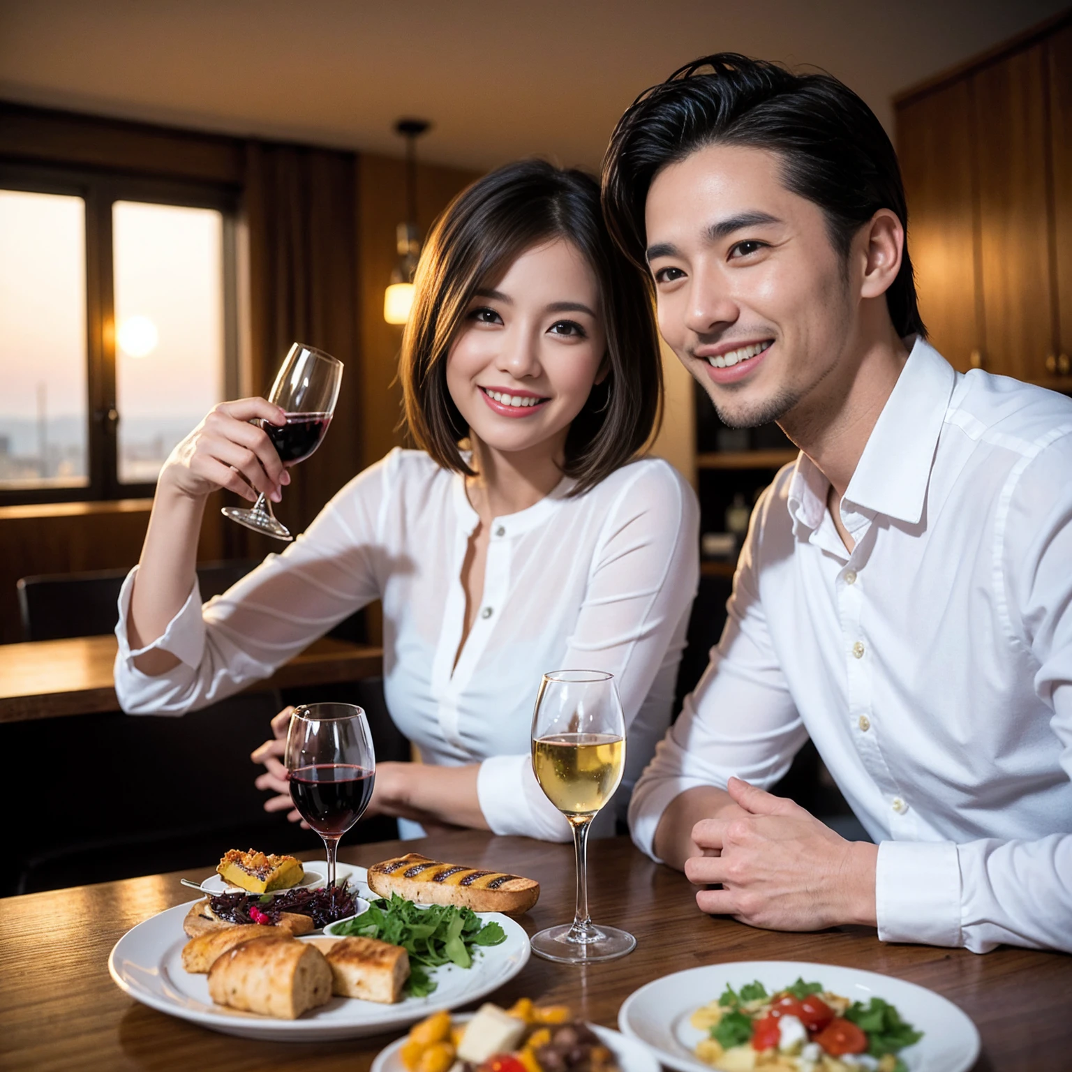 ((Highest quality、、masterpiece:1.3))、1 male、1 female、Slim lover、Beautiful couple、Japanese couple、smile、 (Slim face), (the body is スリム), (Brown Hair), (Shortcuts), ((Bob Hale、Straight hair:1.2)), Full course dinner on the table、wine glass、Please shine a light on my face、 Amazing view of the sunset sky and clouds、smileの美しさ、Bright image、Blushing, Shortcuts,Bright Face、 43 years old,39 years old, red wine 、Appetizers、Italian food、Wine bottle、Champagne、sparkling wine、Long sleeve shirt、dress、Attractive beauty、restaurant, Nova Frog Style, actress, model, Upper Body, White wine, red wine, wine glass, 